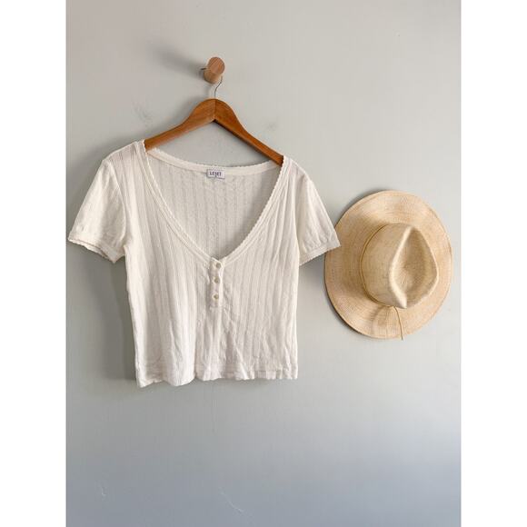Leset | Pointelle V-neck Crop Tee Cream Off White | Sz XS - Picture 1 of 8